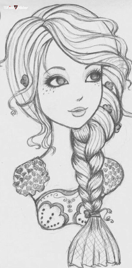 Black and White Pencil Drawing of a Cute Cartoon Girl in a Wolf Hat ·  Creative Fabrica
